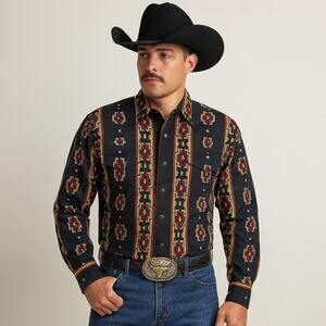 Wrangler Western Shirts VTG Men's SZ M Black Pearl Snap Shirt Black Aztec Design